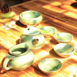 长沙铜官窑仿古陶瓷茶具套装绿色创意茶杯公道茶壶大师手工制作