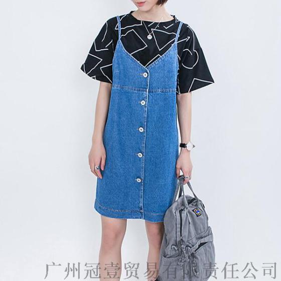 学院风背带裙 V领单排扣吊带无袖背心裙牛仔裙连衣裙【免费加盟一件代发】