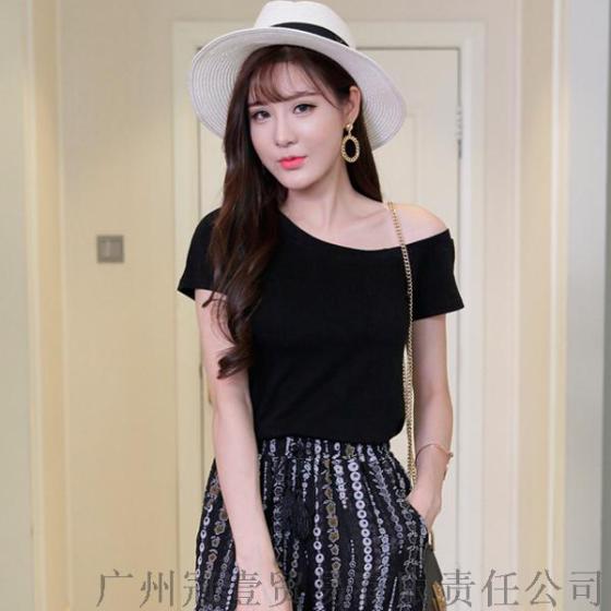 韩版甜美性感斜肩 纯色百搭休闲短款短袖t恤上衣【免费加盟一件代发】