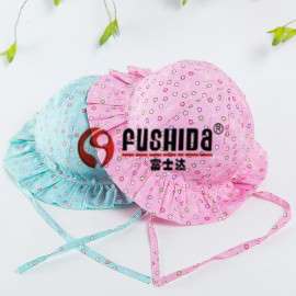 春秋季新品 女童清新绿色碎花渔夫帽韩版小童褶皱系带盆帽儿童帽子