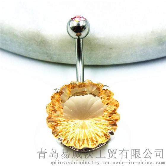 亚马逊Ebay热卖肚脐环 不锈钢黄色水晶穿刺饰品脐环