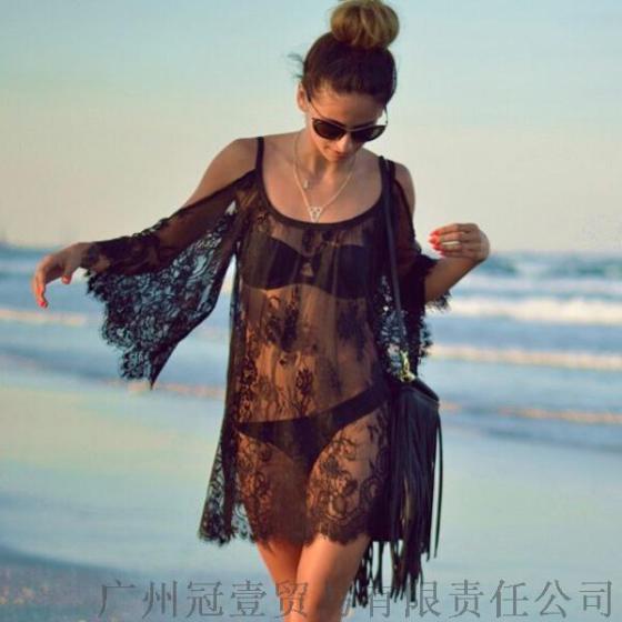 欧美夏季防晒衫 吊带沙滩罩衫性感透视蕾丝衫【外贸女装现货批发】