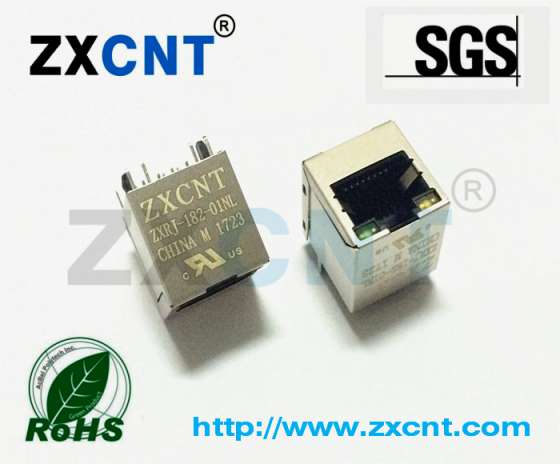 RJ45百兆变压器立式带灯8P8C网络插座ZXRJ-182-01NL