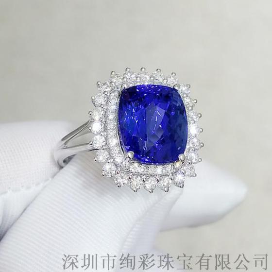 绚彩珠宝5.23克拉枕形坦桑石裸石 经典款 18K金钻石坦桑石戒指
