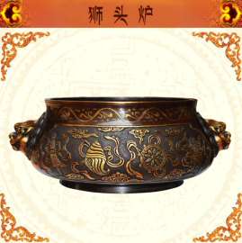 顺圆盛 高端手工 仿古紫铜鎏金 狮头炉