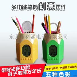 新奇特创意多功能自然声笔筒七彩钟 可爱办公笔筒闹钟+温度+万年历七彩