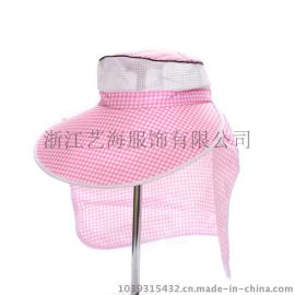 户外防晒遮阳帽磨毛涤纶护颈采茶帽大檐格子透气速干园丁帽